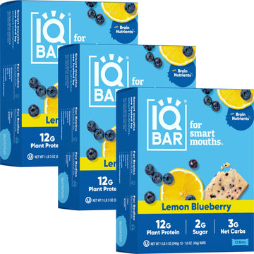 Iqbar Brain And Body Plant Protein Bars - Lemon Blueberry - 36 Count, Low Carb, High Fiber, Gluten Free, Healthy Vegan Snacks - 