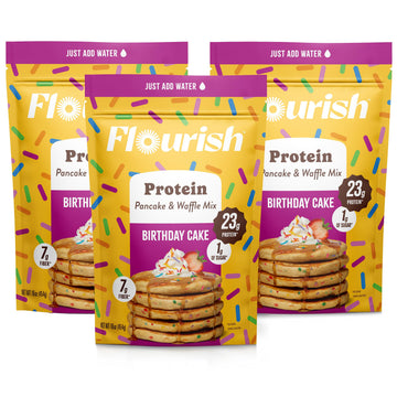 Flourish Protein Pancake & Waffle Mix, Birthday Cake Flavor, 5.06 oz (Pack of 3), High Protein, No Added Sugar, Made in Canada
