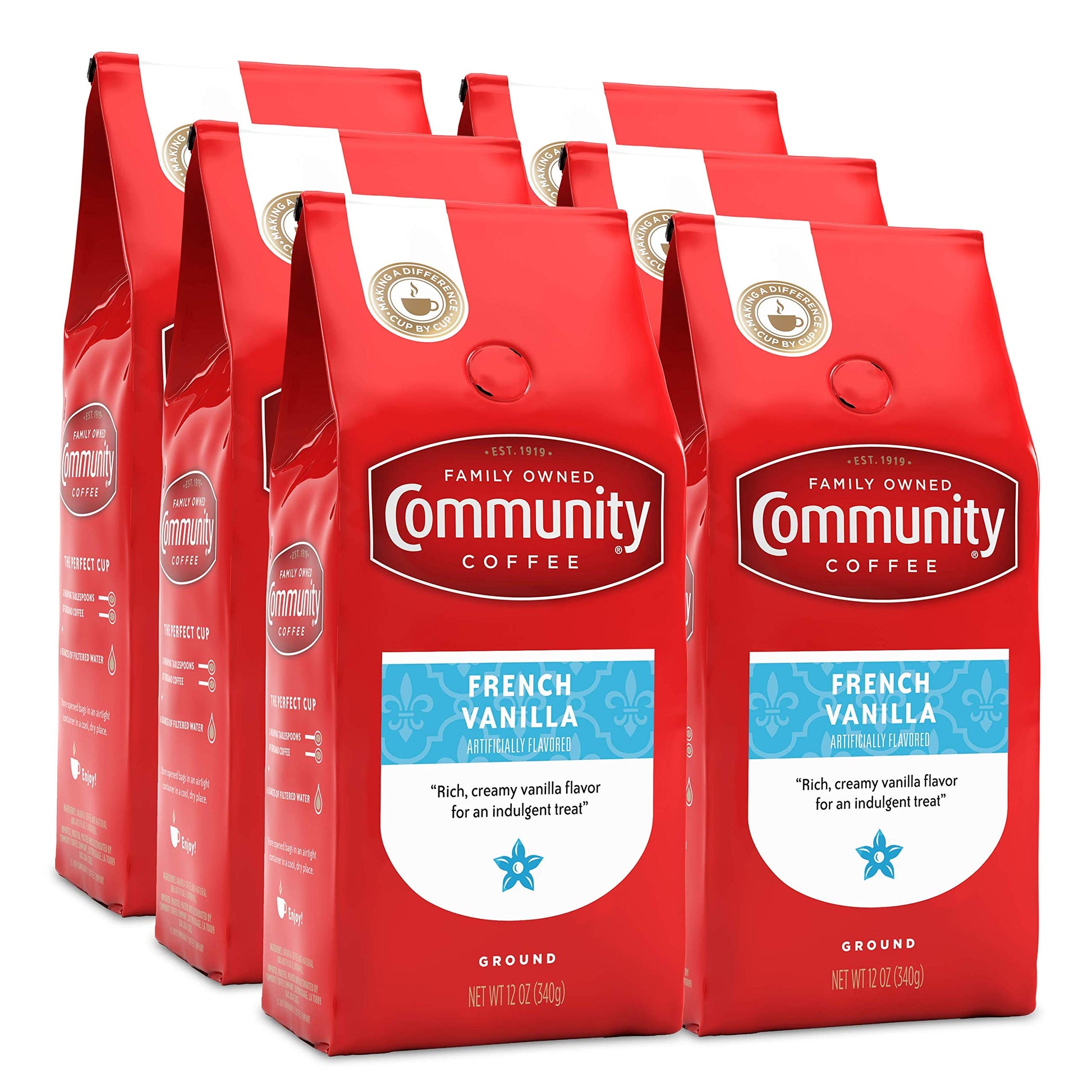 Community Coffee French Vanilla Flavored 72 Ounces, Medium Roast Ground Coffee, 12 Ounce Bag (Pack Of 6)