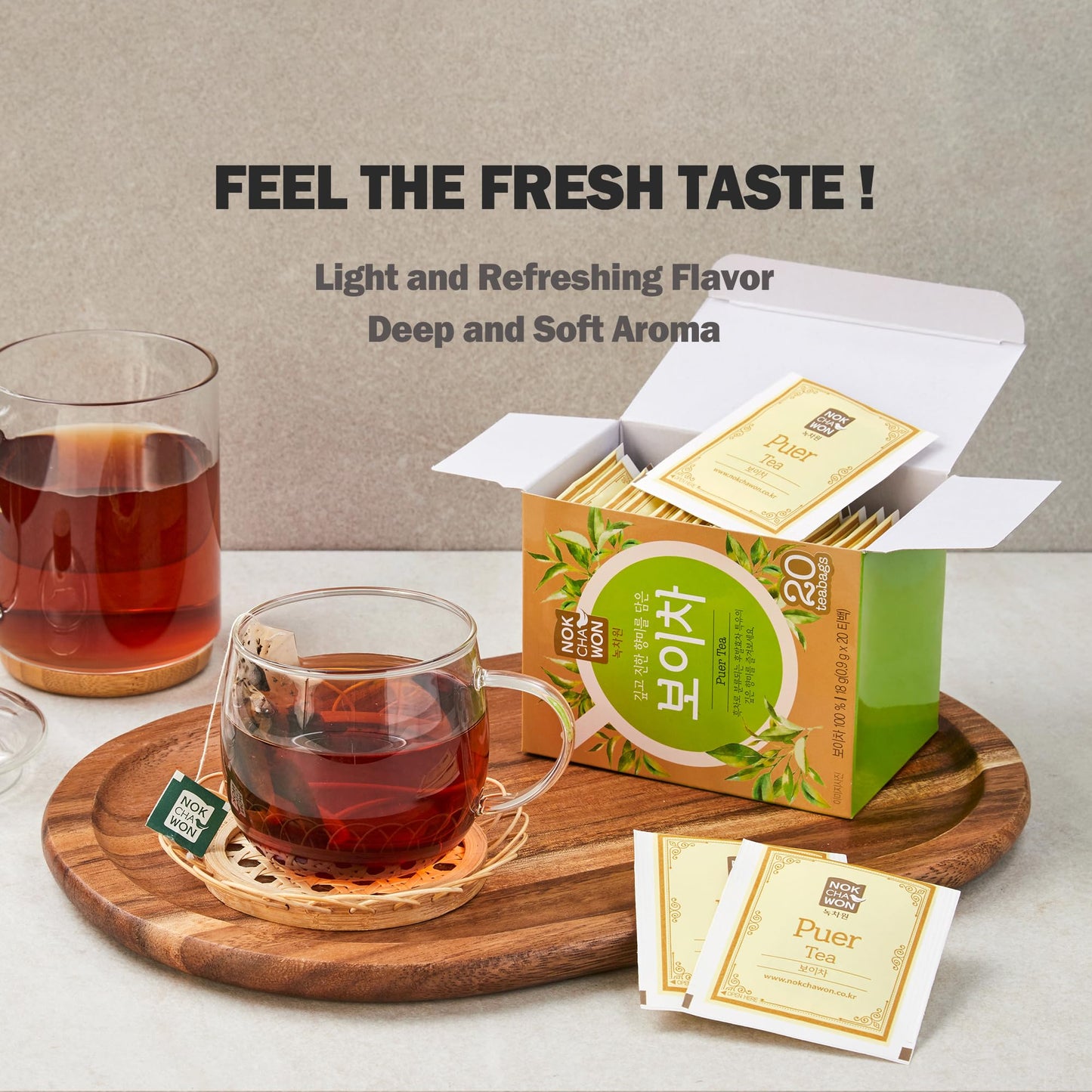 [Nokchawon] Puer Tea, Premium Dark Fermented Puerh Tea From Korea, 20 Count Tea Bags, 0.63Oz(18G)