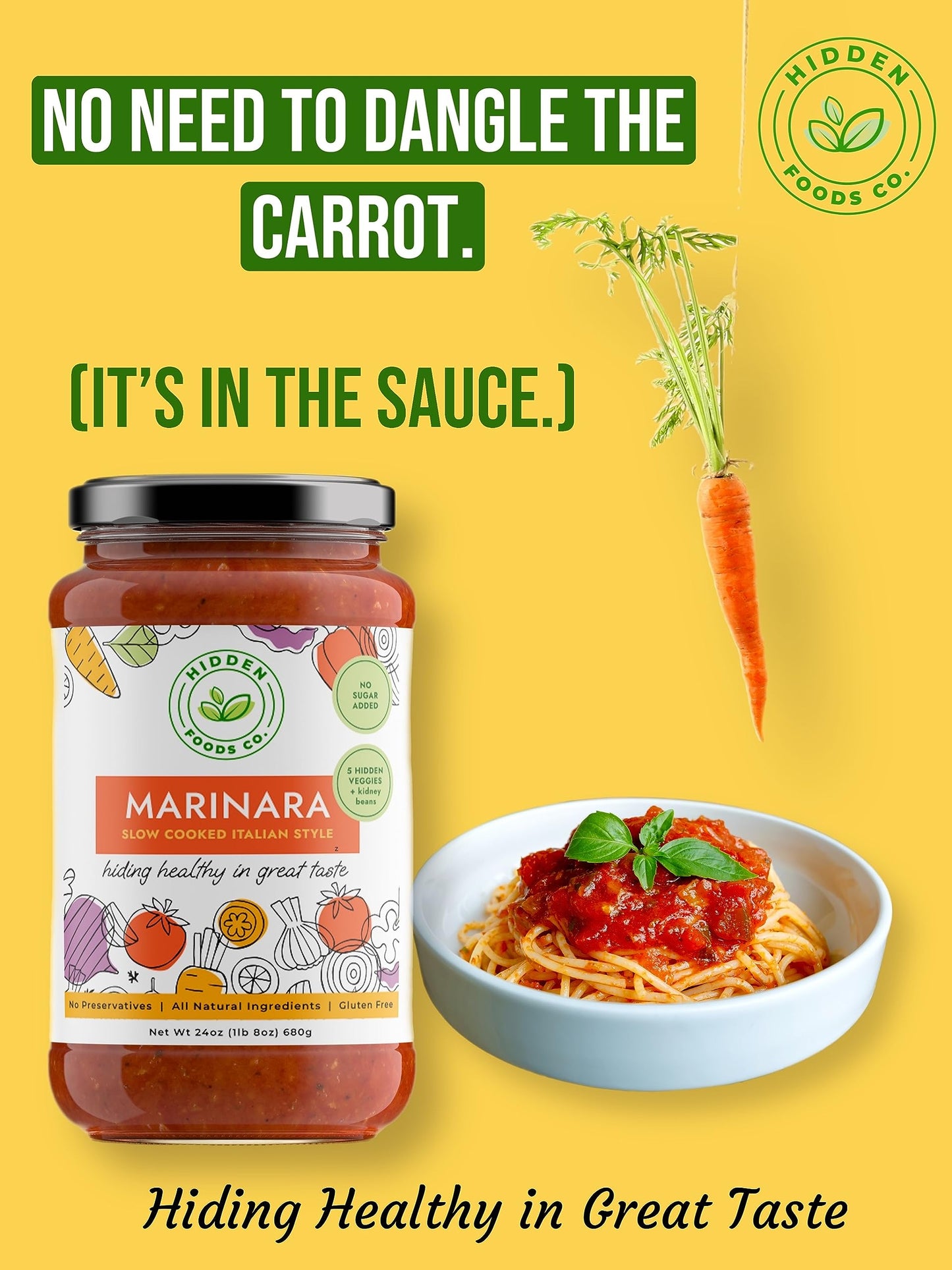 Hidden Foods Slow Cooked Marinara Sauce With Natural Vegetables, Low Carb And Low Sodium, No Sugar Added, Thick And Delicious Fl