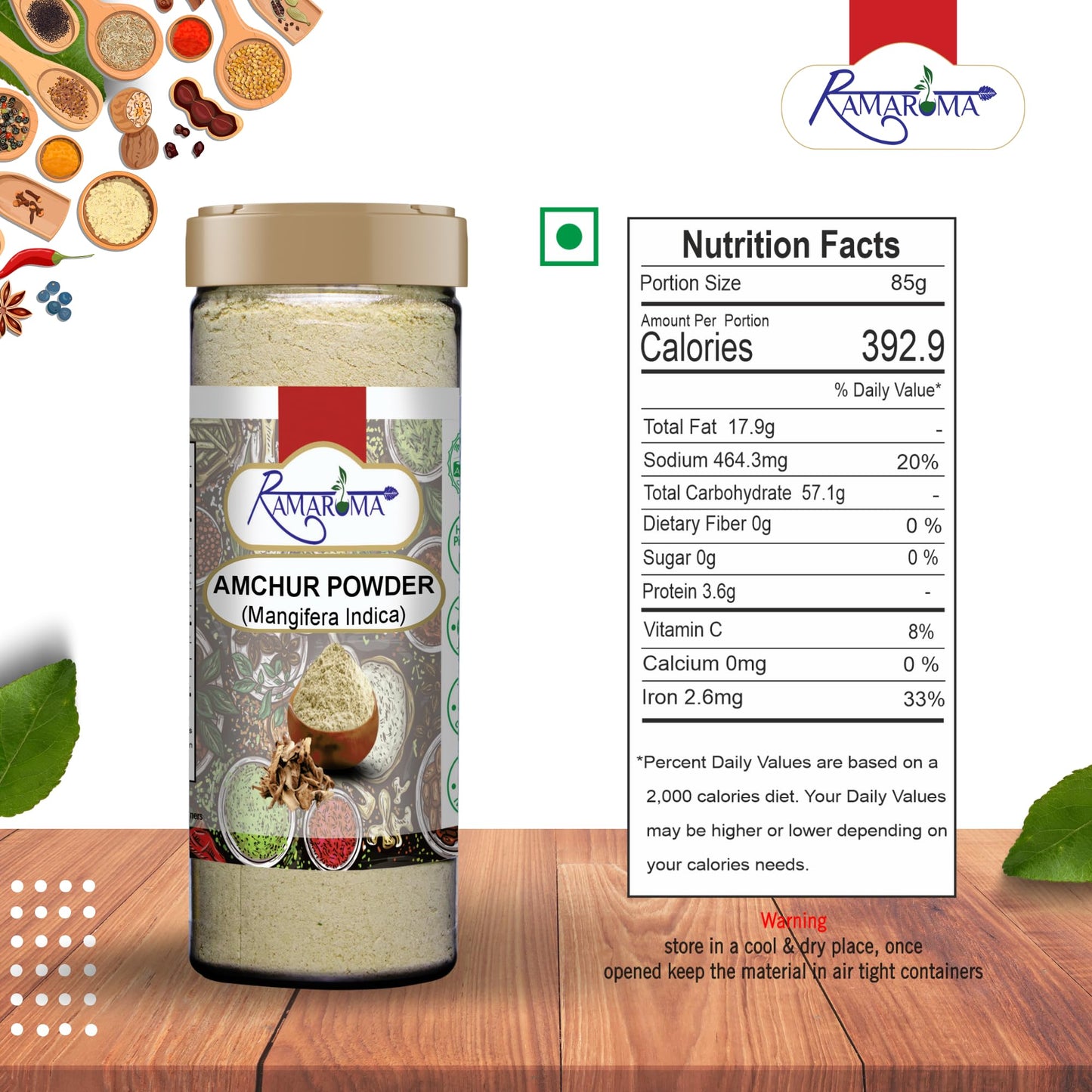 Ramaroma Amchur (Mango) Ground Powder Spice 3.5Oz (100G) ~ All Natural, Indian Origin | No Color | Gluten Friendly | Vegan | Non