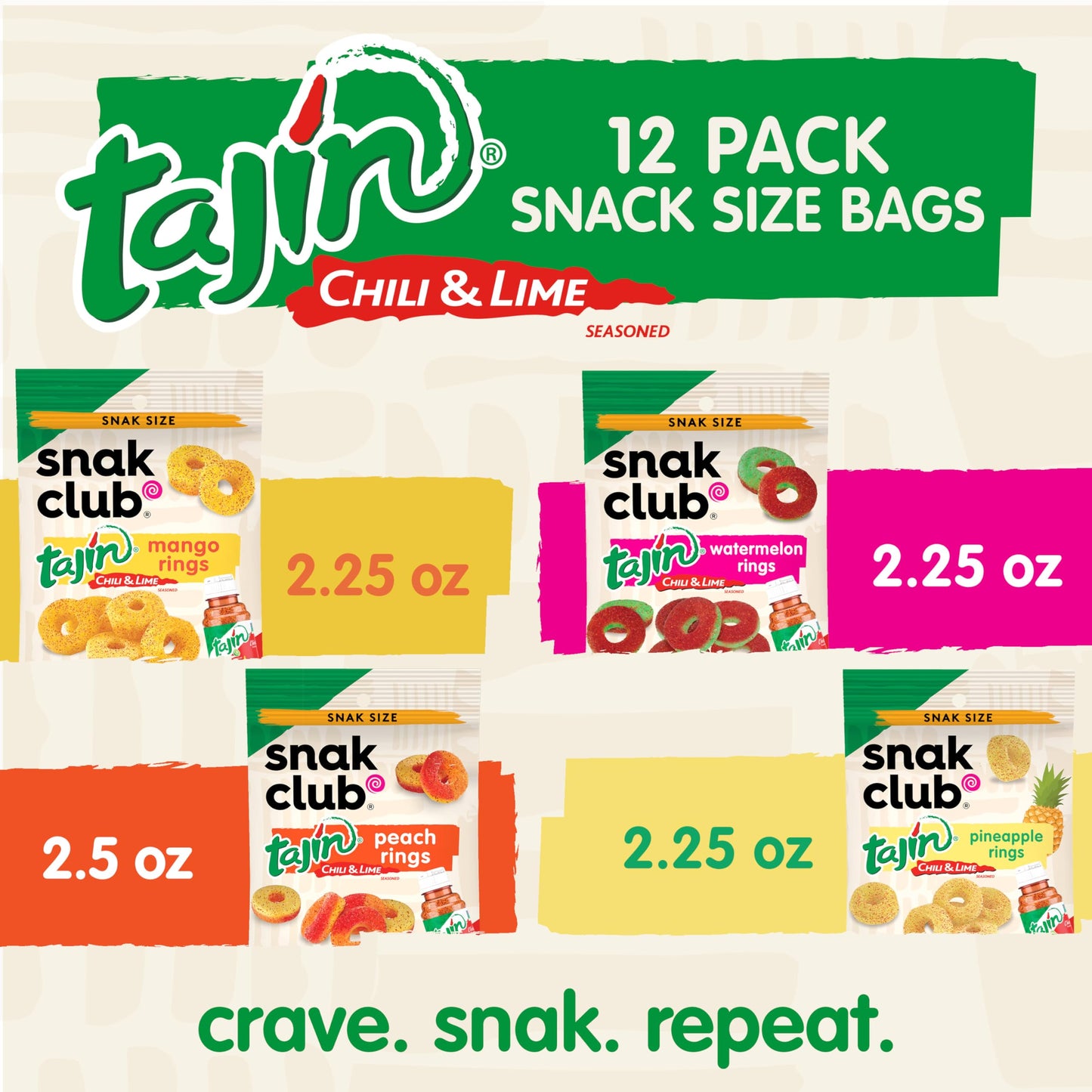 Snak Club Tajin Gummy Candy Fruit Rings, Gummies with Chili and Lime Seasoning, Mild Spice, Gluten-Free and Vegan Snacks, Assort