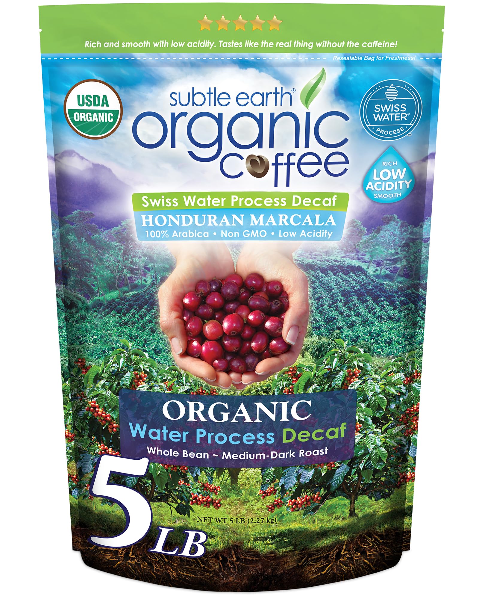 5LB Subtle Earth Organic Decaf - Swiss Water Process Decaf - Medium Dark Roast - Whole Bean Coffee - Low Acidity - Organic Certi
