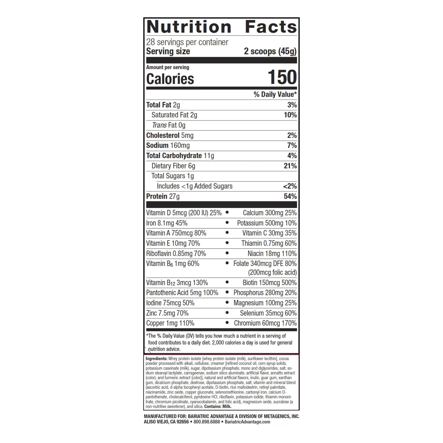 Bariatric Advantage High Protein Meal Replacement Drink Mix, 27g Protein, 45.43 oz, Chocolate Flavor, Whey Isolate, 28 Servings