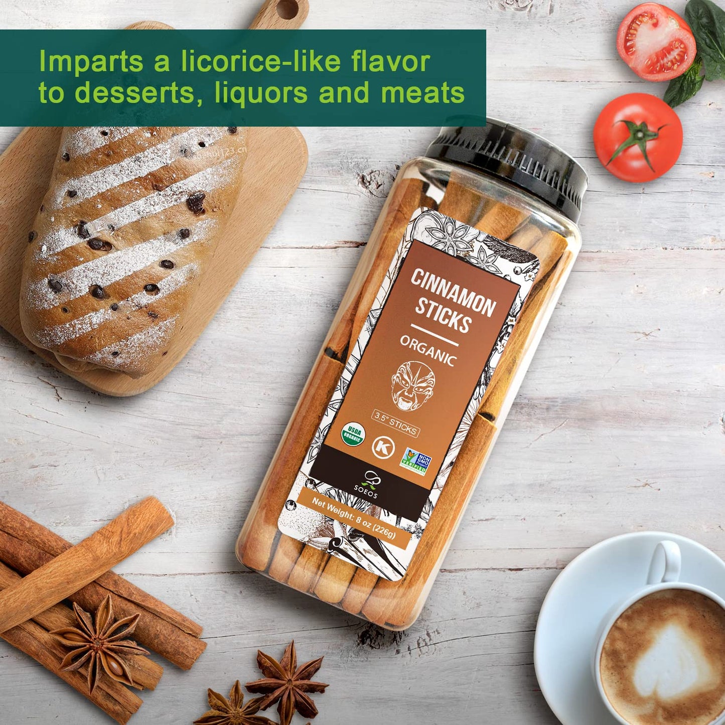 Soeos Organic Cinnamon Sticks, Cinnamon, Ground Cinnamon, Cinnamon Sticks, 100% Raw, Non-GMO, Kosher Certified, Cinnamon Seasoni
