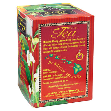 Hawaiian Islands Tea Company Hibiscus Honey Lemon Tropical Green Tea, All Natural - 20 Teabags (1 Box)