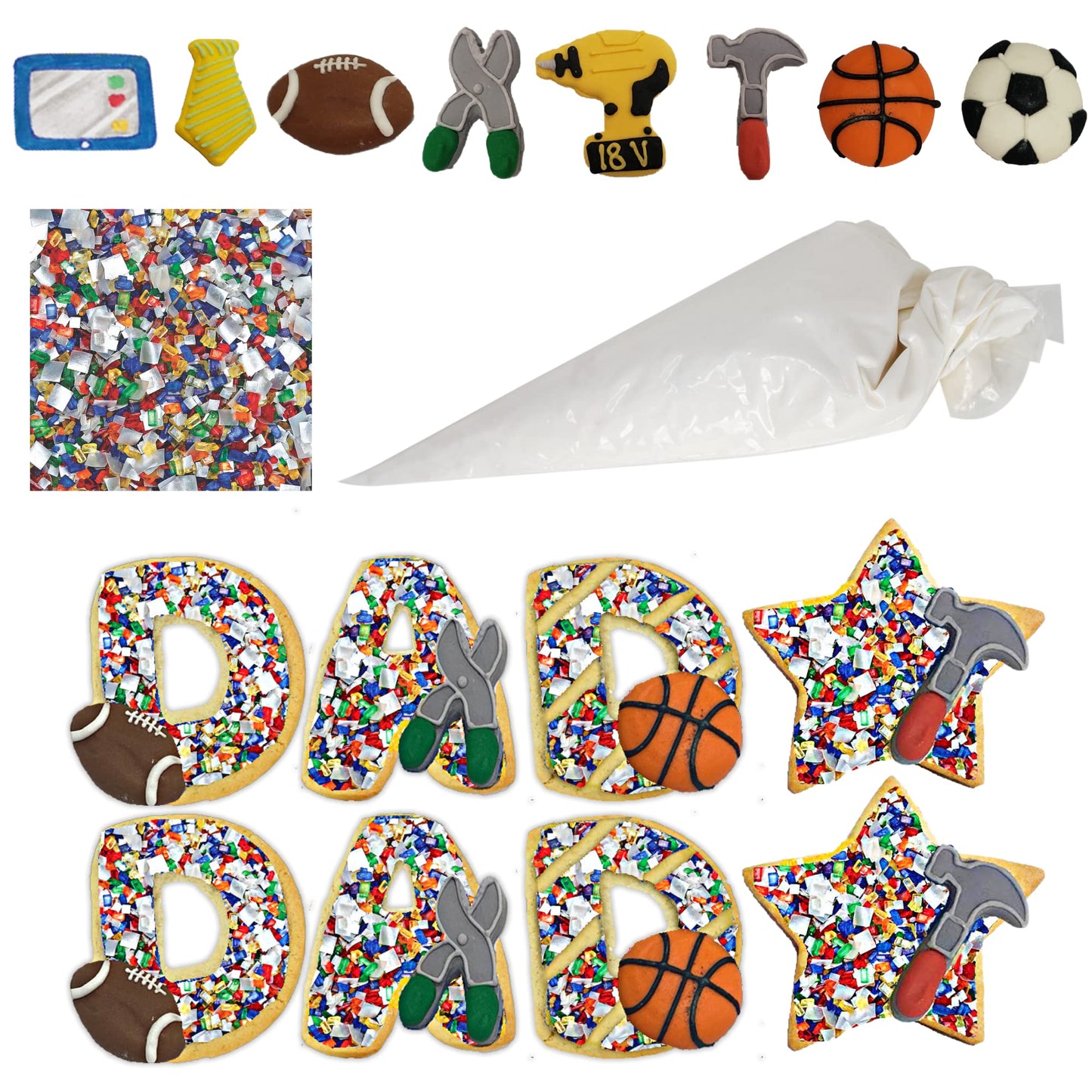 Dad Designer Cookie Decorating Kit For Father'S Day - 8 Pre-Baked Vanilla Cookies With Cookie Icing, Edible Decorations And Glit