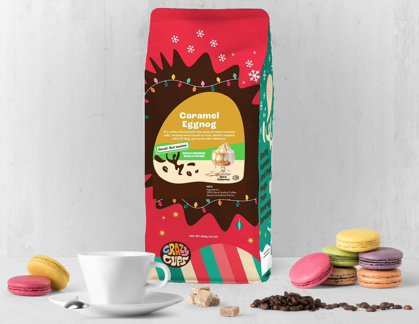 Crazy Cups Decaf Eggnog Coffee, 10 oz Bag, Flavored Ground Coffee for Hot or Iced Brew, Pack of 1