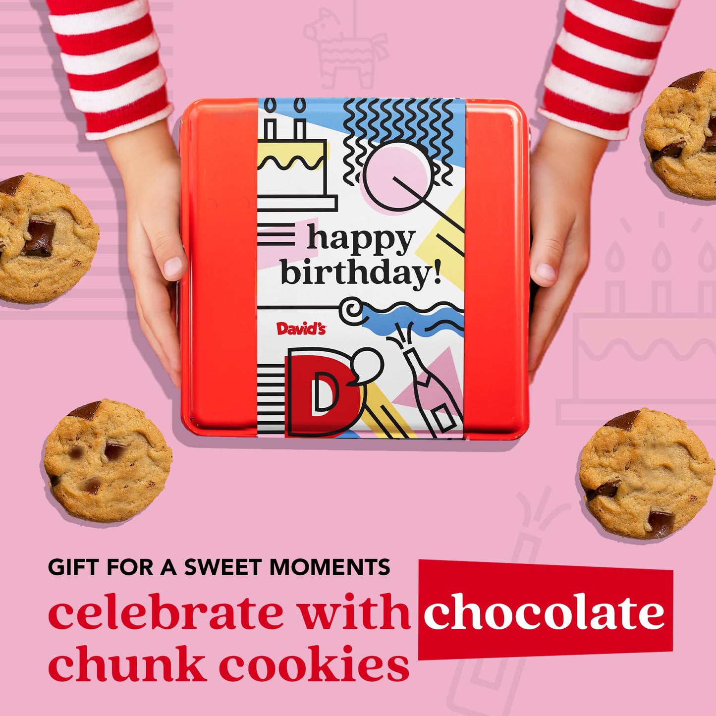 Davids Cookies Happy Birthday Chocolate Chunk Cookies Tin 2lbs - Handmade and Fresh Baked Gourmet Cookie Gift Basket - Delectable & Made with enhanced Ingredients - Ideal Birthday Food Gift For All