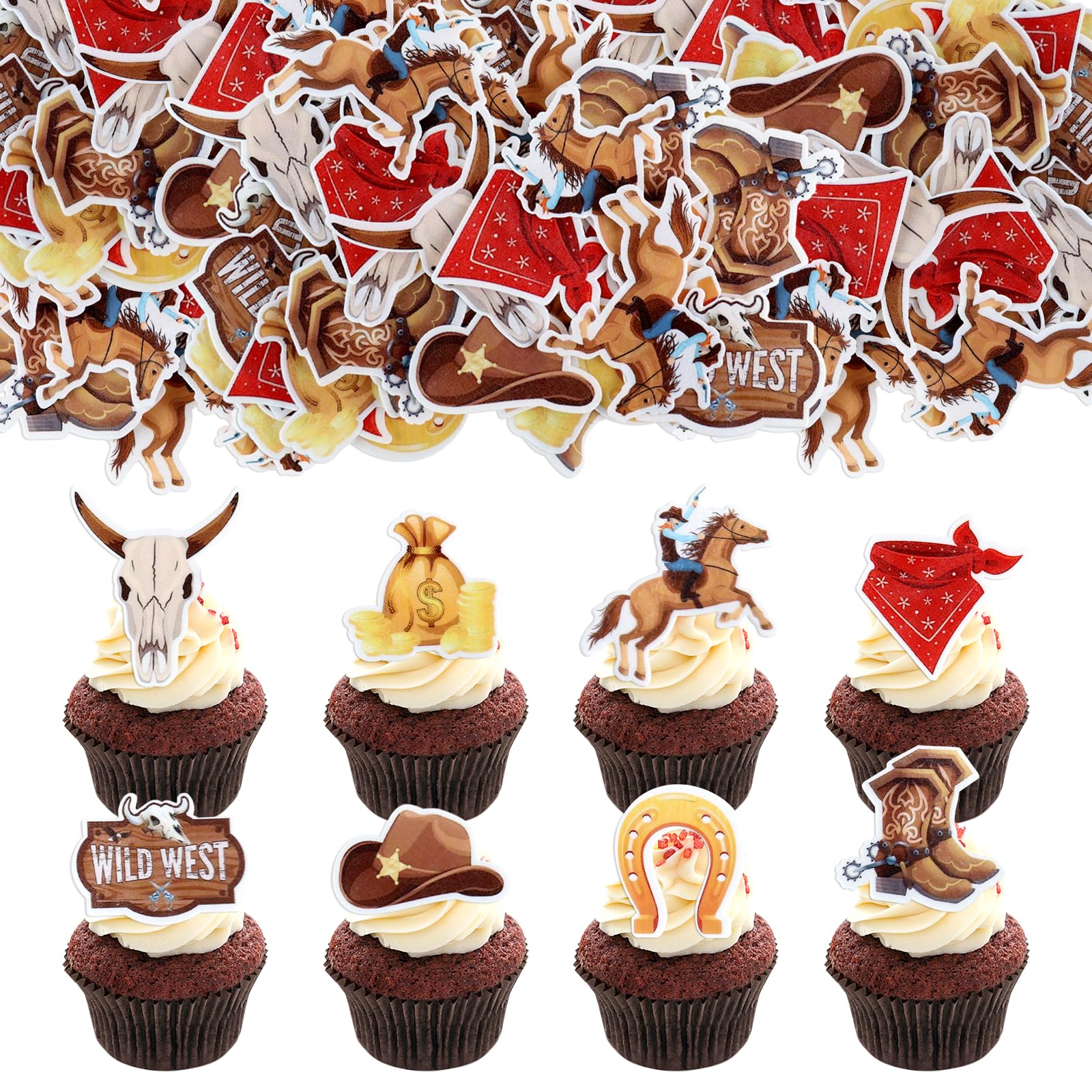 40 Pack Edible Cowboy Cupcake Toppers Wafar Glutinous Rice Paper Holy Cow I'm One HorseShoe Cowboy Hats Western Theme Happy Birt