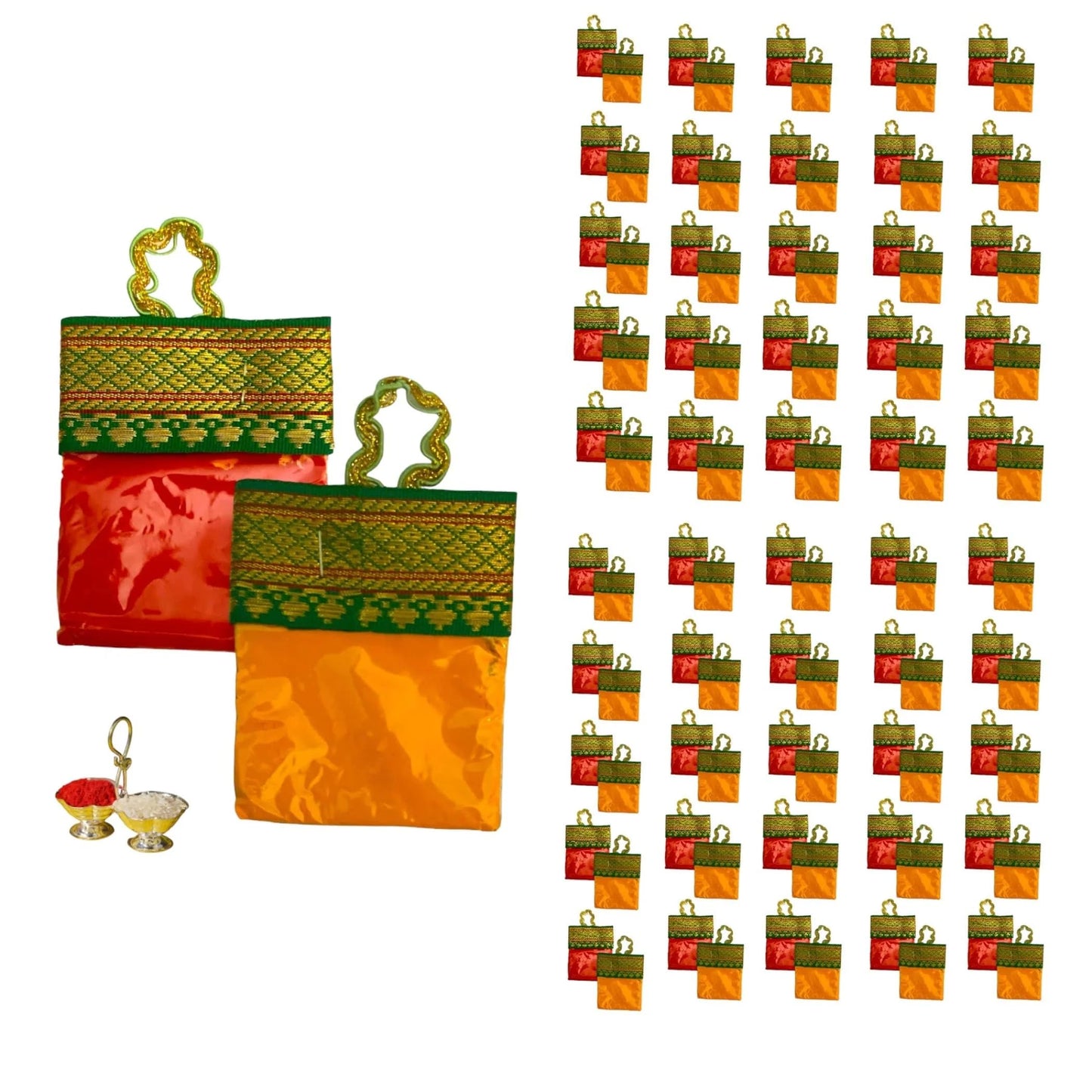 Lovenspire Haldi Kumkum Packets Bulk 100 Pc Handbag Style Mini Packs Enhanced Sindoor And Turmeric Powder Combo - Hindu Thamboolam Set For Indian Wedding Havan Durga Puja Festive Essentials Return Gift