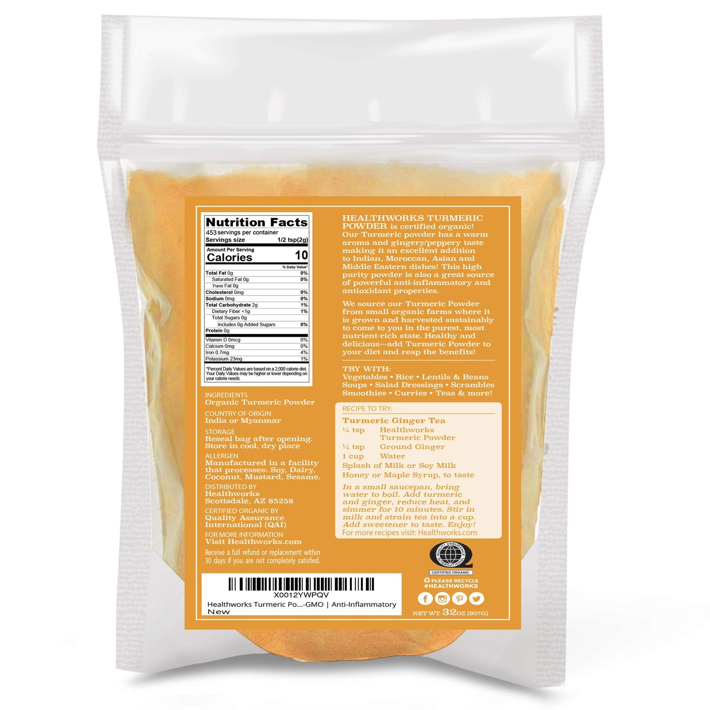 Healthworks Superfoods Organic Turmeric Powder - 32 Oz / 2 Lbs - Ground Raw Organic, Curcumin, Keto, Paleo, Vegan and Non-GMO