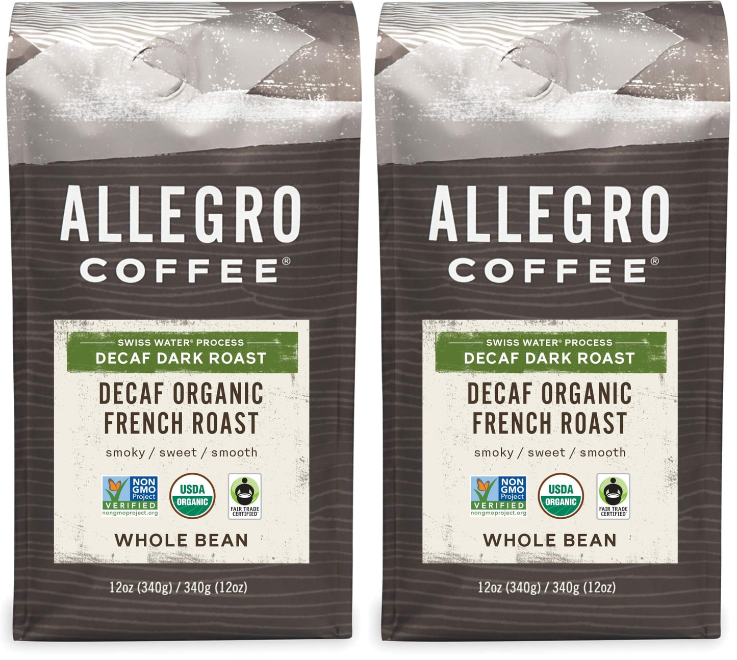 Allegro Coffee Decaf Organic French Roast Whole Bean Coffee, 12 Ounce (Pack of 2)