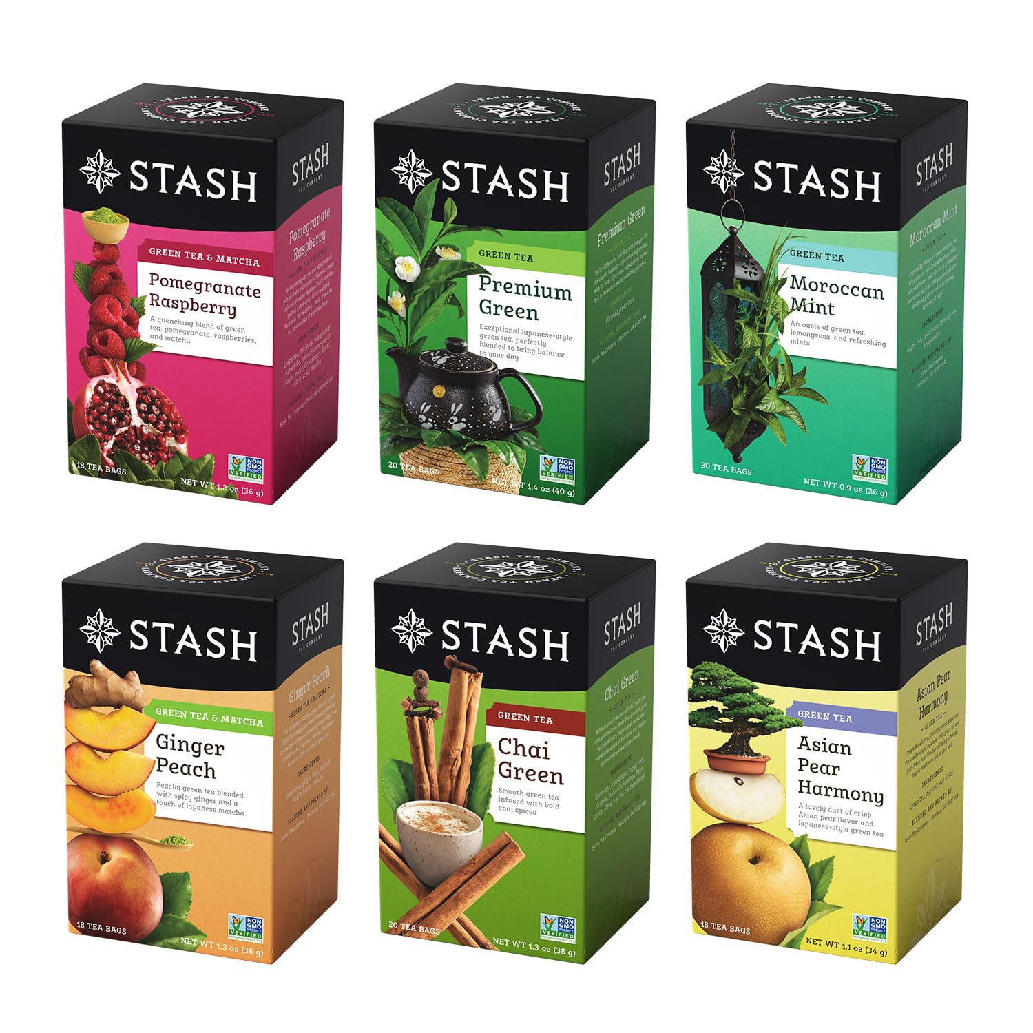 Stash Green Tea Variety Pack Sampler - Caffeinated, Non-GMO, 20 Count (Pack of 6)