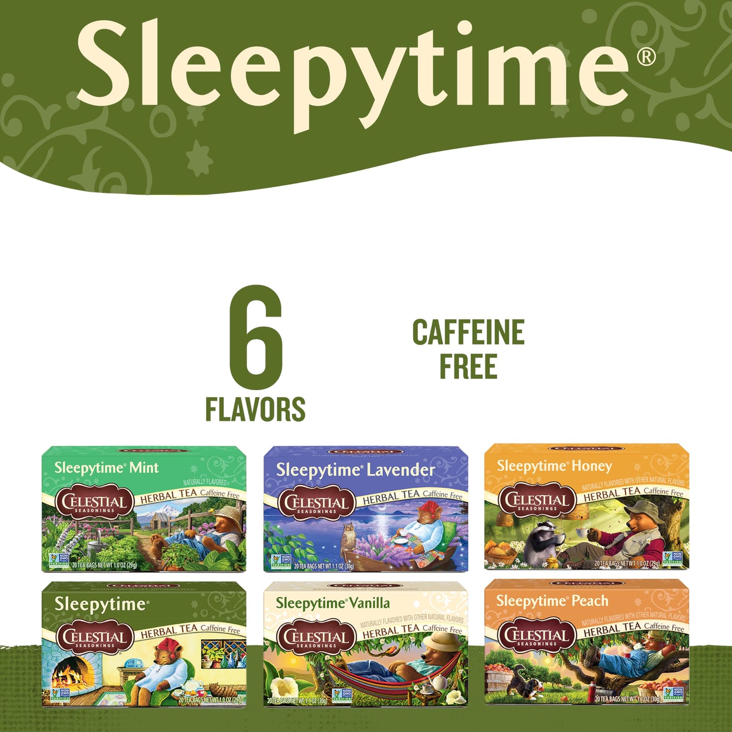 Celestial Seasonings Sleepytime Herbal Tea Variety Pack - Caffeine Free, 20 Tea Bags x 6 Boxes, SVQQPE