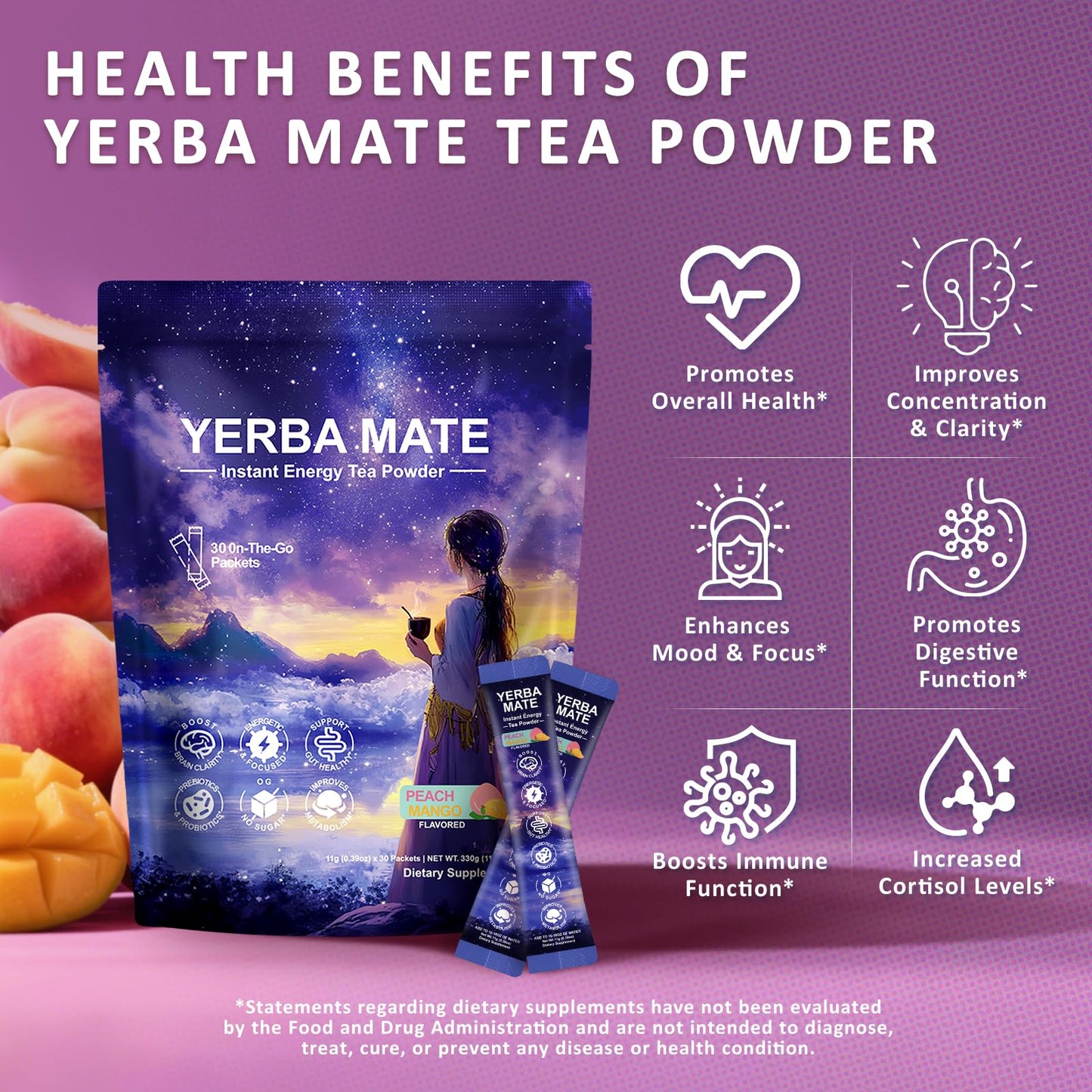Yerba Mate Peach Mango Drink Mix - Instant Tea Powder With Natural Caffeine & Probiotics For Gut Health, Focus, Cortisol Levels, Immunity, 30 Servings Clean Energy Drink Powdered, No Crash, Sugar-Free