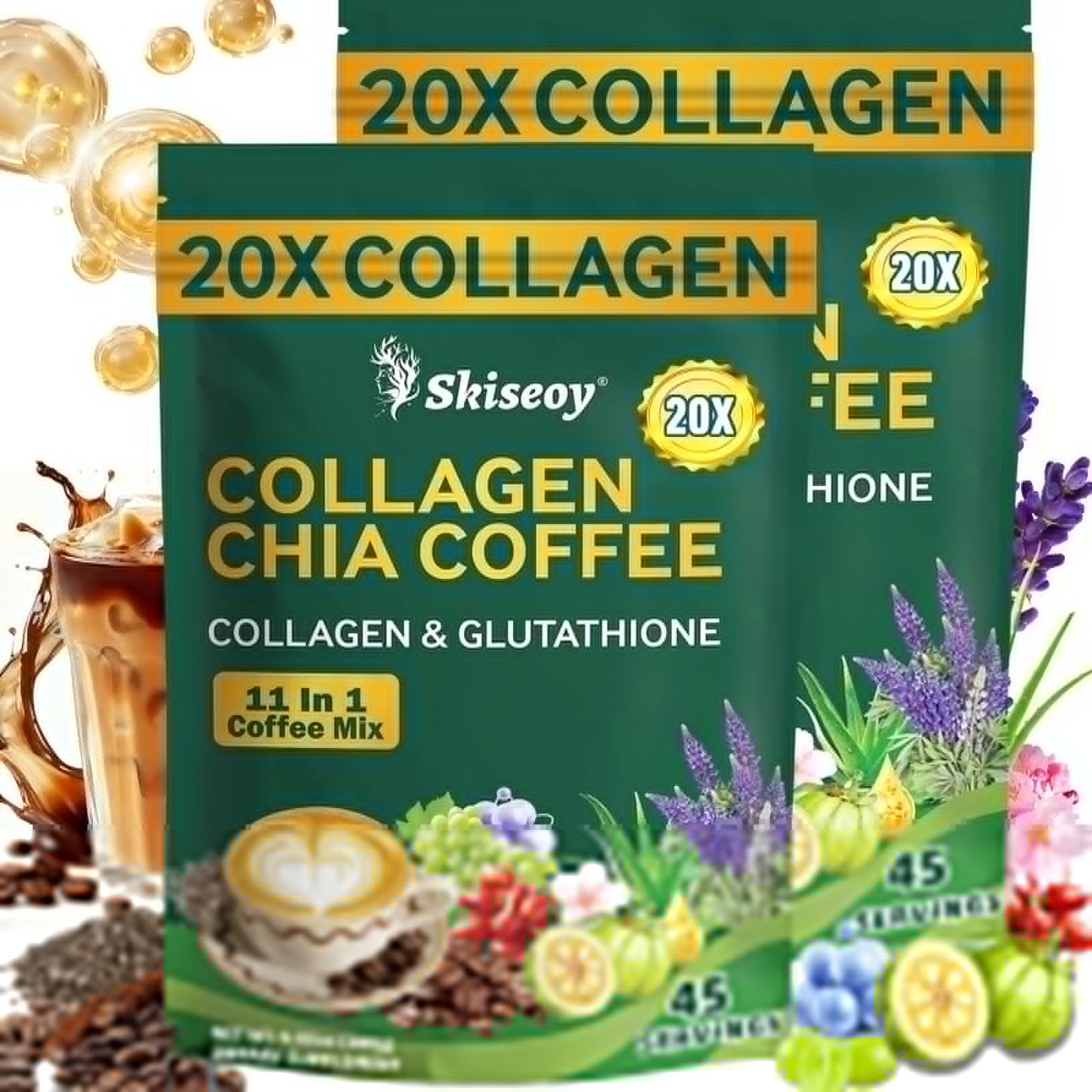 Skiseoy 20X Collagen Chia Coffee - 11-In-1 Coffee Shape Mix With L-Glutathione For Skin  Hair  Joints - Boost Energy And Focus  Vegan Friendly  45 Servings