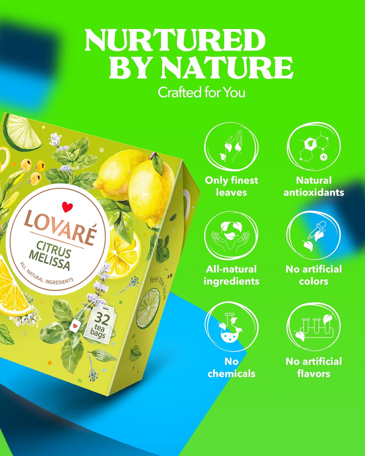 LOVARE Citrus Melissa Tea Bags - Green Tea, Mint, Lemongrass, Orange Peel - 32 Individually Wrapped Bags (1.5 g Each)