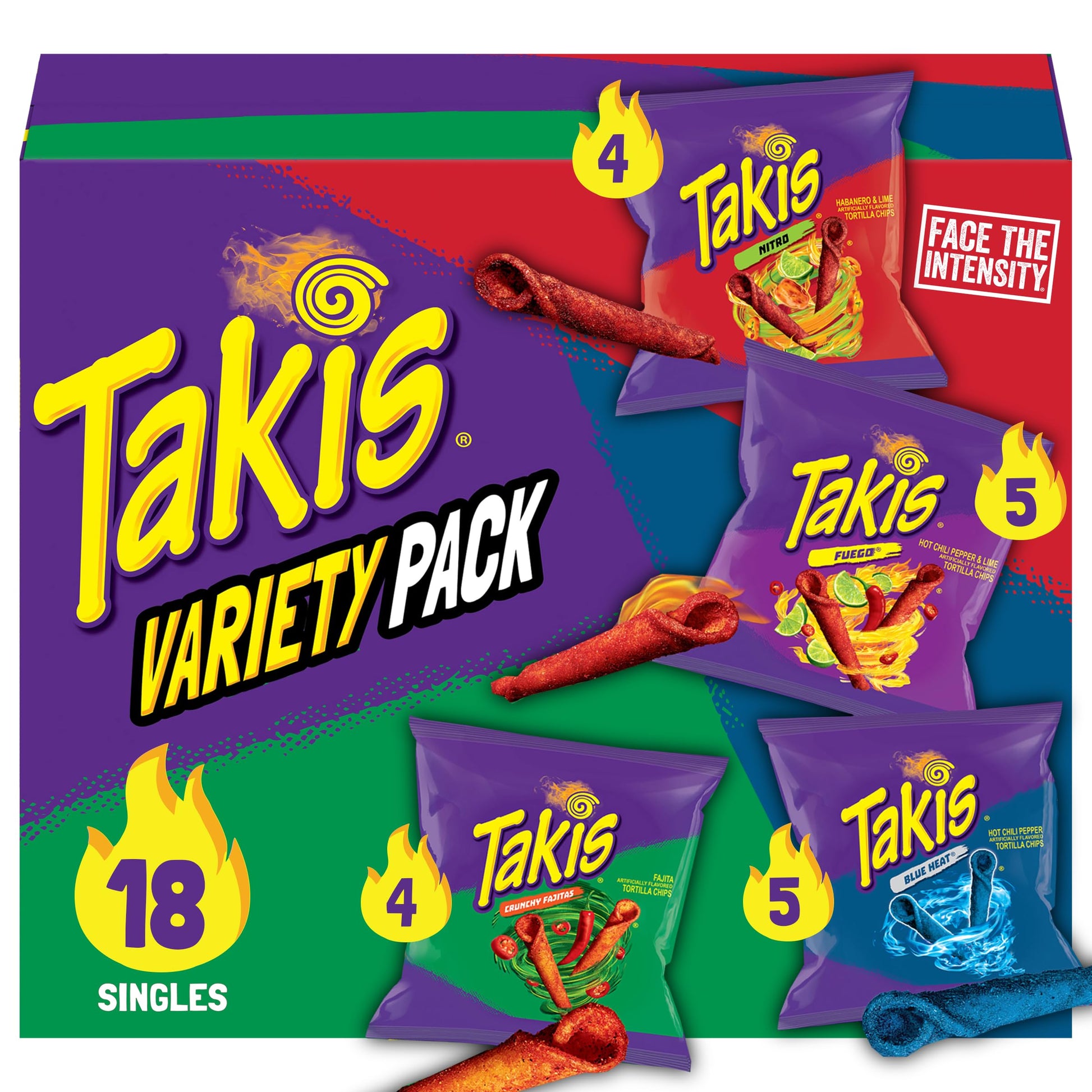 Takis Variety Pack - Assorted Rolled Tortilla Chips, 18 Count, Includes Fuego, Blue Heat, Nitro, Crunchy Fajitas