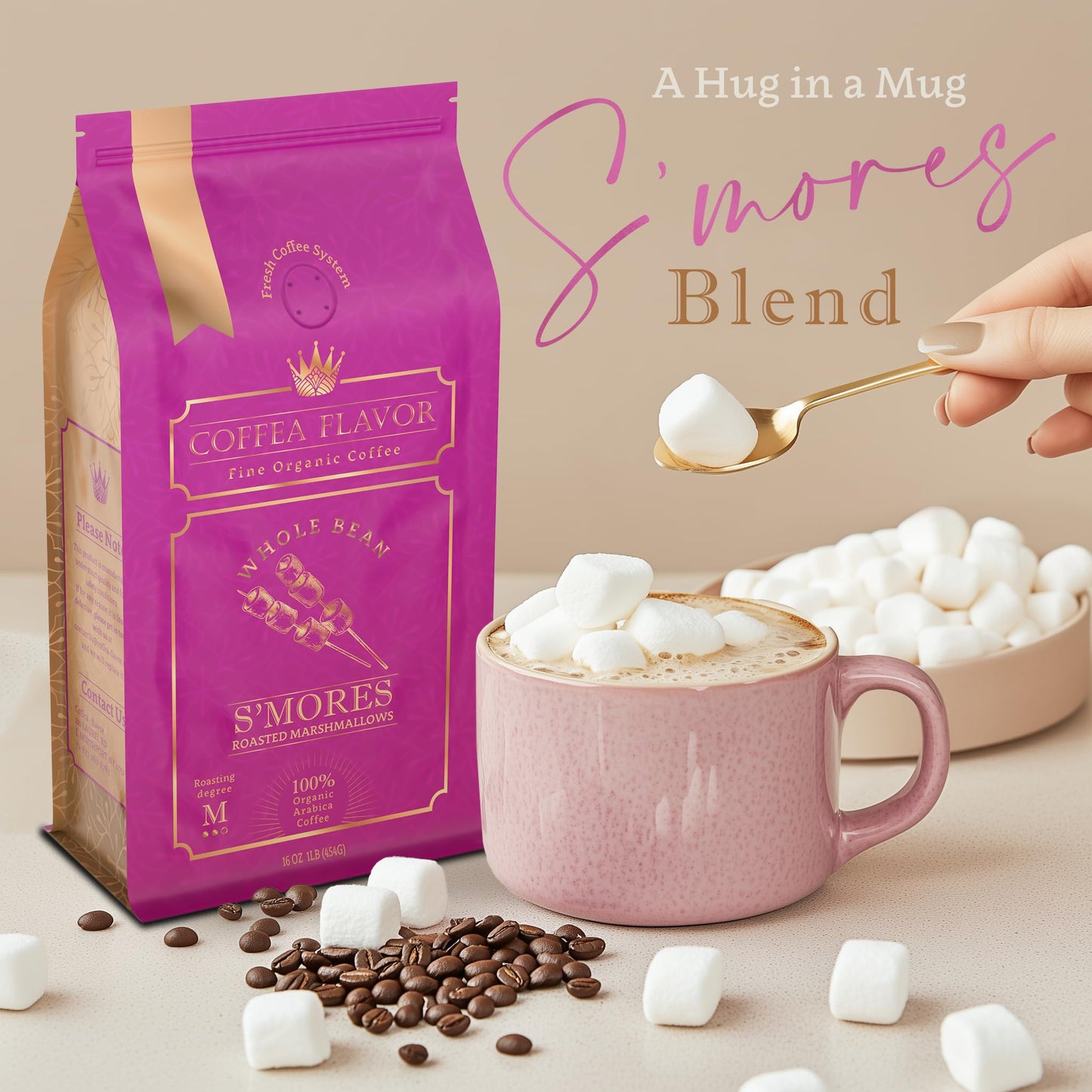 Smores Flavored Whole Bean Coffee - Organic, Single Origin, Medium Roast, 100% Arabica, Naturally Flavored - 16 Oz Bag - By Coff