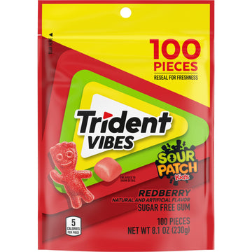 Trident Vibes Sour Patch Kids Redberry Sugar Free Chewing Gum, Resealable Pouch, Pack Of 1 (100 Pieces)