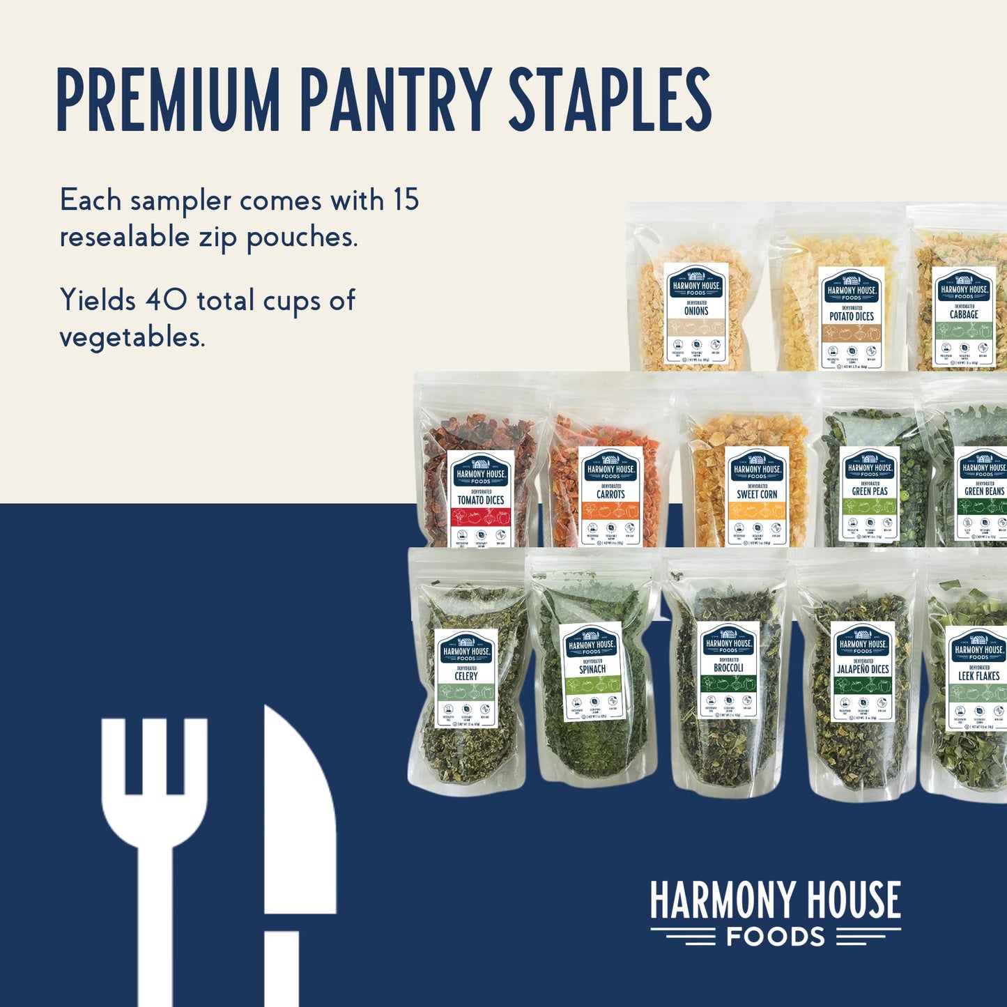 Harmony House Dehydrated Vegetable Sampler – 15 Count Variety Pack, Resealable Zip Pouches, For Cooking, Camping, Emergency Supply And More