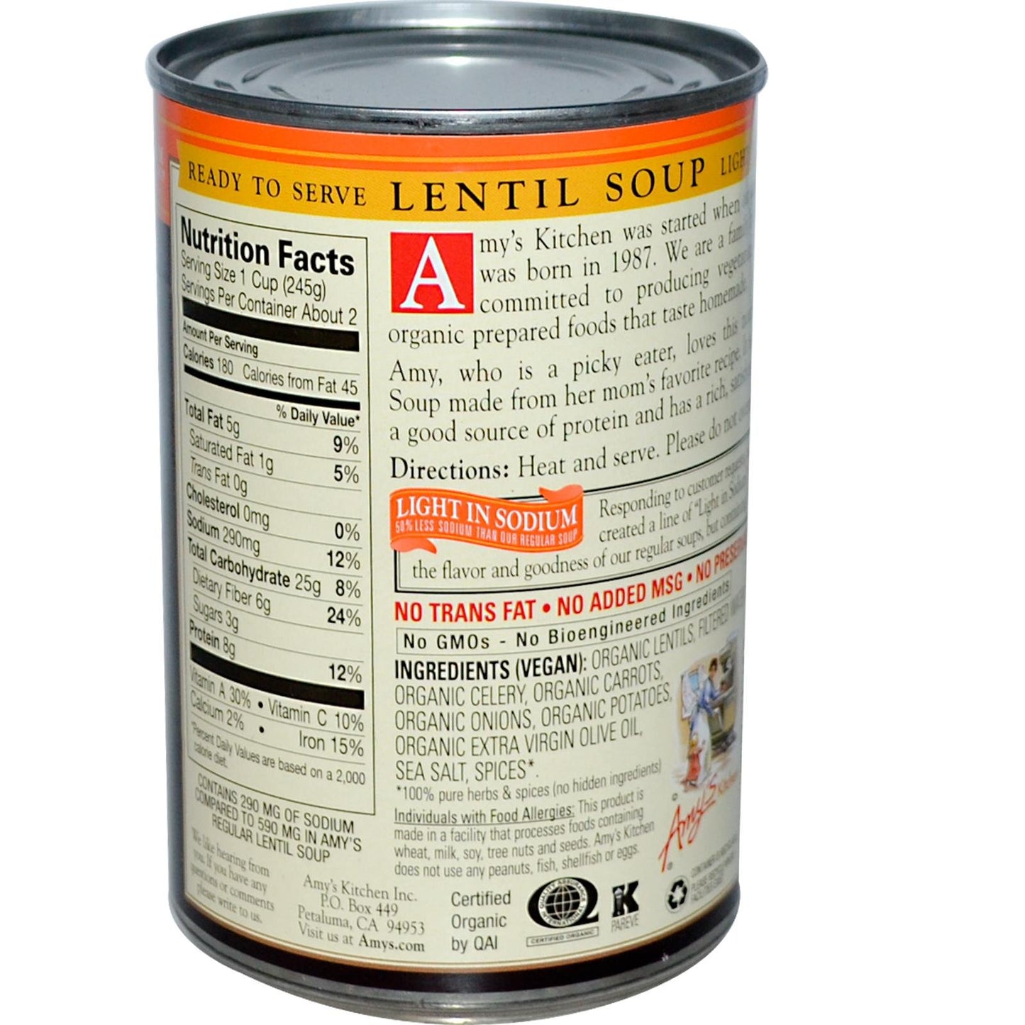 Amy'S Light In Sodium Organic Soups, Lentil, 14.5 Oz