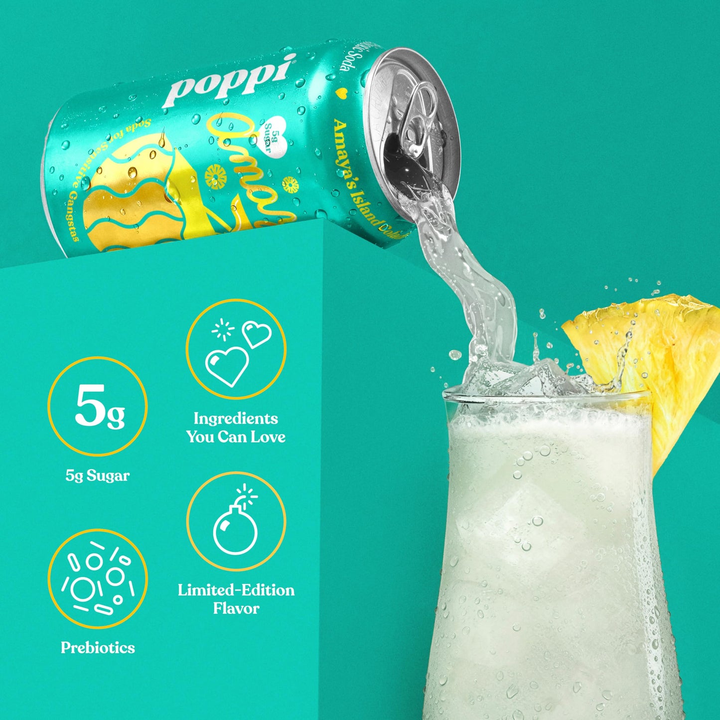 Poppi Sparkling Prebiotic Soda Beverage with Apple Cider Vinegar  Seltzer Water and Fruit Juice  Amayas Island Colada Limited Edition Flavor  12 oz  Pack of 12  Packaging May Vary