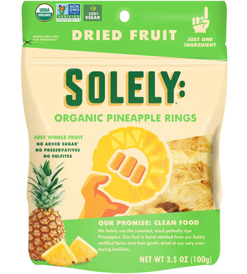 Solely Organic Dried Pineapple Rings, 3.5 Oz, 6 Pack - Real Fresh Fruit, Portable On-The-Go Snack, Vegan, Non-Gmo, No Sugar Adde
