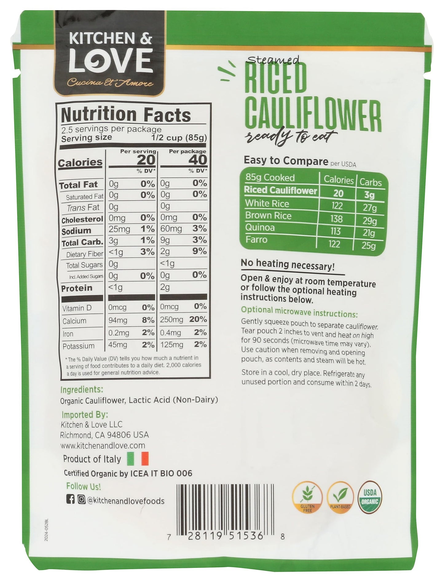 Kitchen & Love Ready To Eat Riced Cauliflower 8 Oz