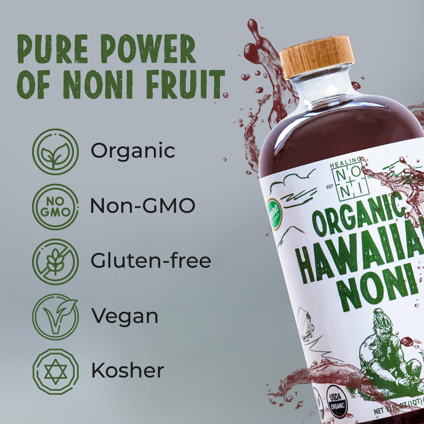 Healing Noni - 2-Pack Glass Bottle 32Oz - 100% Pure Hawaiian Organic Noni Juice - All-Natural Unsweetened Fresh Fruit - Farm Dir