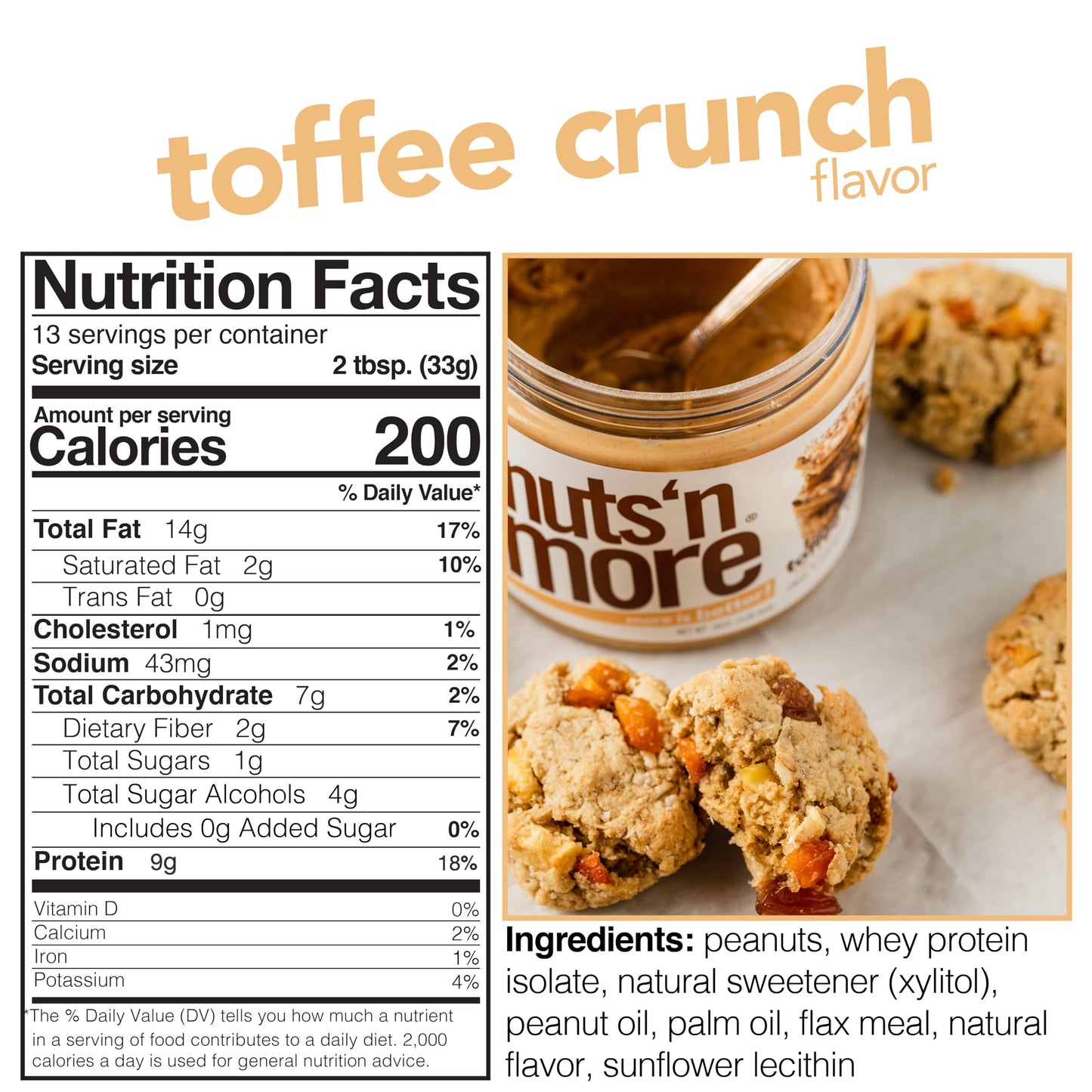 Nuts N More Toffee Crunch Peanut Butter Spread - High Protein, Low Carb, Low Sugar, Gluten Free, Non-GMO, All-Natural Nut Butter
