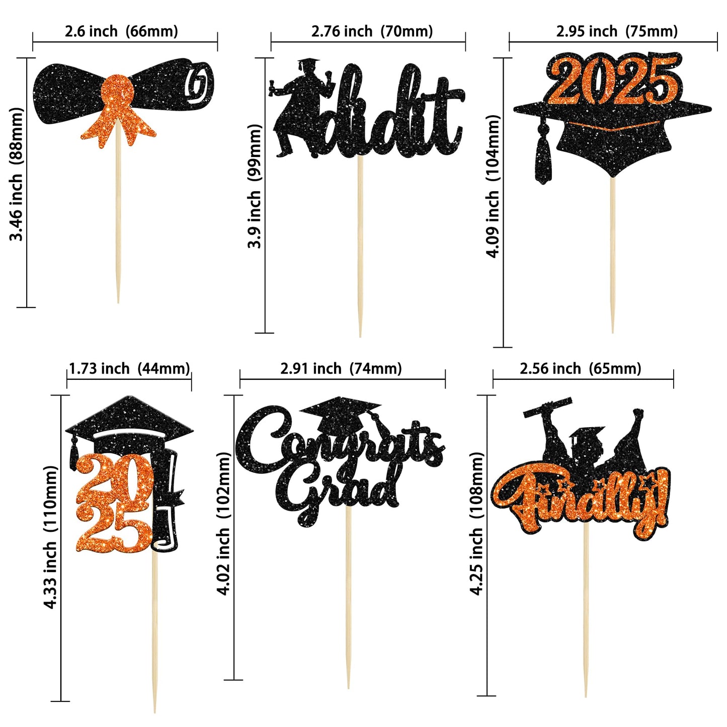 Gyufise 24Pcs 2025 Graduation Cupcake Toppers Orange Glitter Congrats Class Of 2025 Finally I Did It Diploma Grad Cap Cupcake Pi