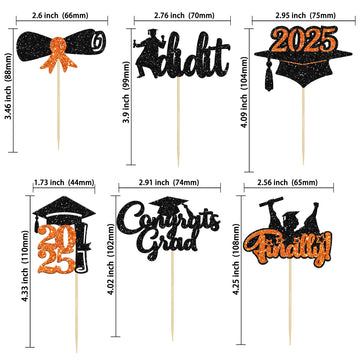 Gyufise 24Pcs 2025 Graduation Cupcake Toppers Orange Glitter Congrats Class Of 2025 Finally I Did It Diploma Grad Cap Cupcake Pi