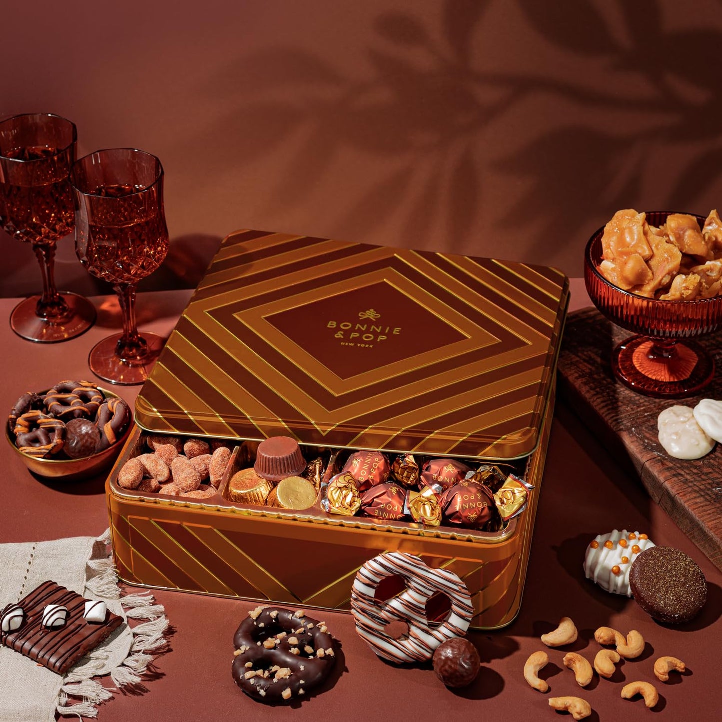 Holiday Chocolate Gift Basket– Thanksgiving Snack Box With Covered Pretzels, Oreos, Nuts & Sweets – Gourmet Food Gift Tin For Christmas, Families, Men, Women, Clients- Bonnie And Pop