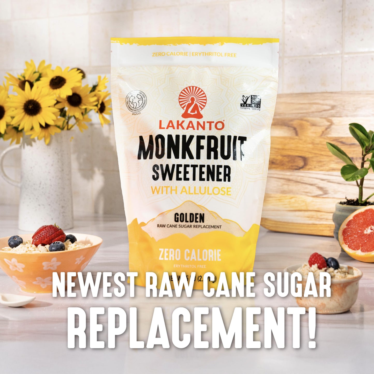 Lakanto Golden Monk Fruit Sweetener with Allulose - Raw Cane Sugar Substitute  Erythritol Free  Gluten Free  Vegan  Keto Friendly  Sugar Replacement (Golden - 5 lb - Pack of 1)