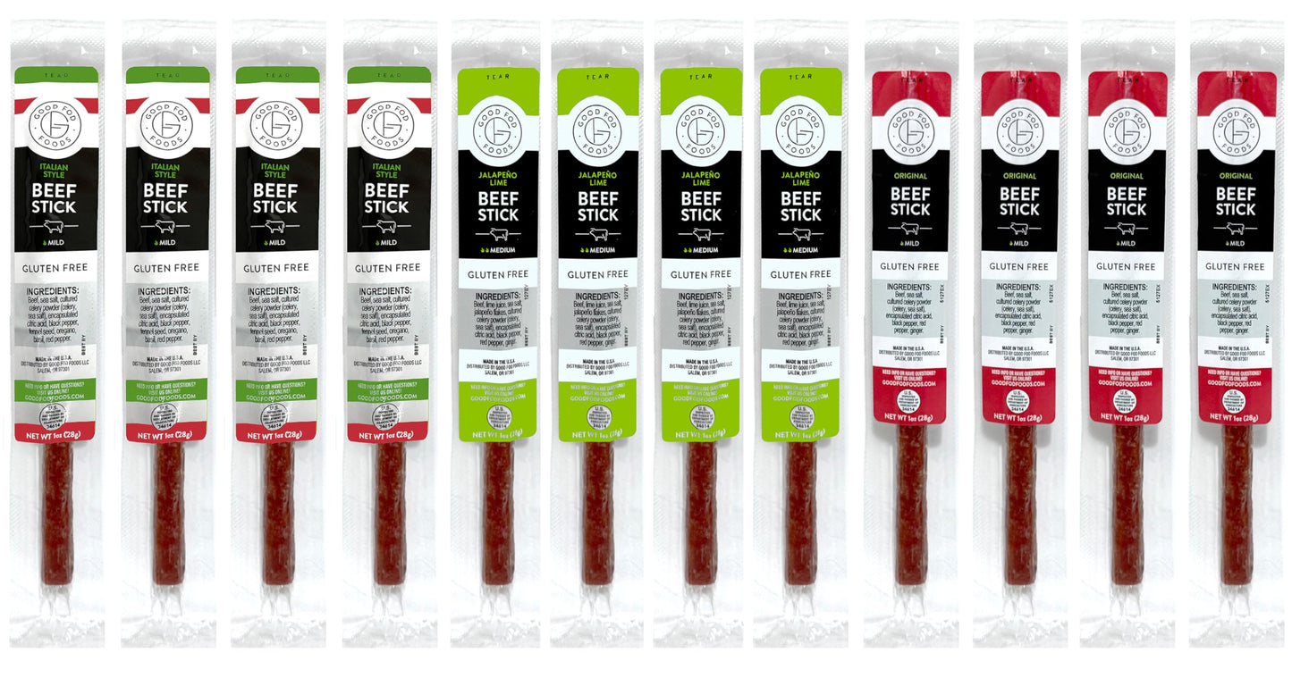 Good Fod Foods Meat Stick Variety Pack - Low FODMAP, Zero Sugar, Keto Friendly, Gluten-Free, 12 Count