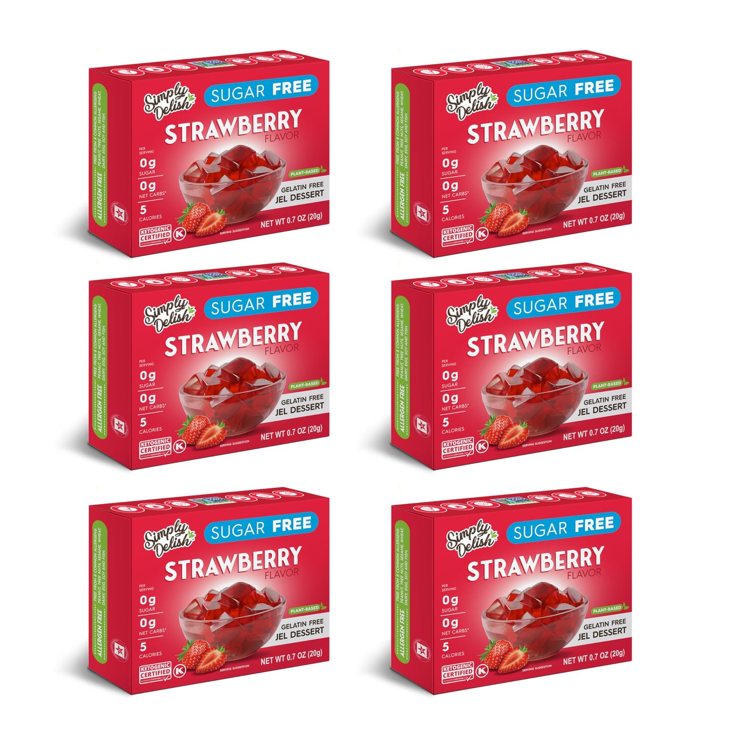 Simply Delish Plant Based Natural Strawberry Jel Dessert - 6 Pack - Zero Sugar  0G Net Carbs  Gluten Free  Vegan  Diaplayic & Allergen Free