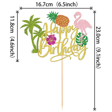 1 Pcs Tropical Luau Happy Birthday Cake Topper Glitter Flower Flamingo Turtle Leaf Pineapple Palm Tree Cake Pick For Summer Beac