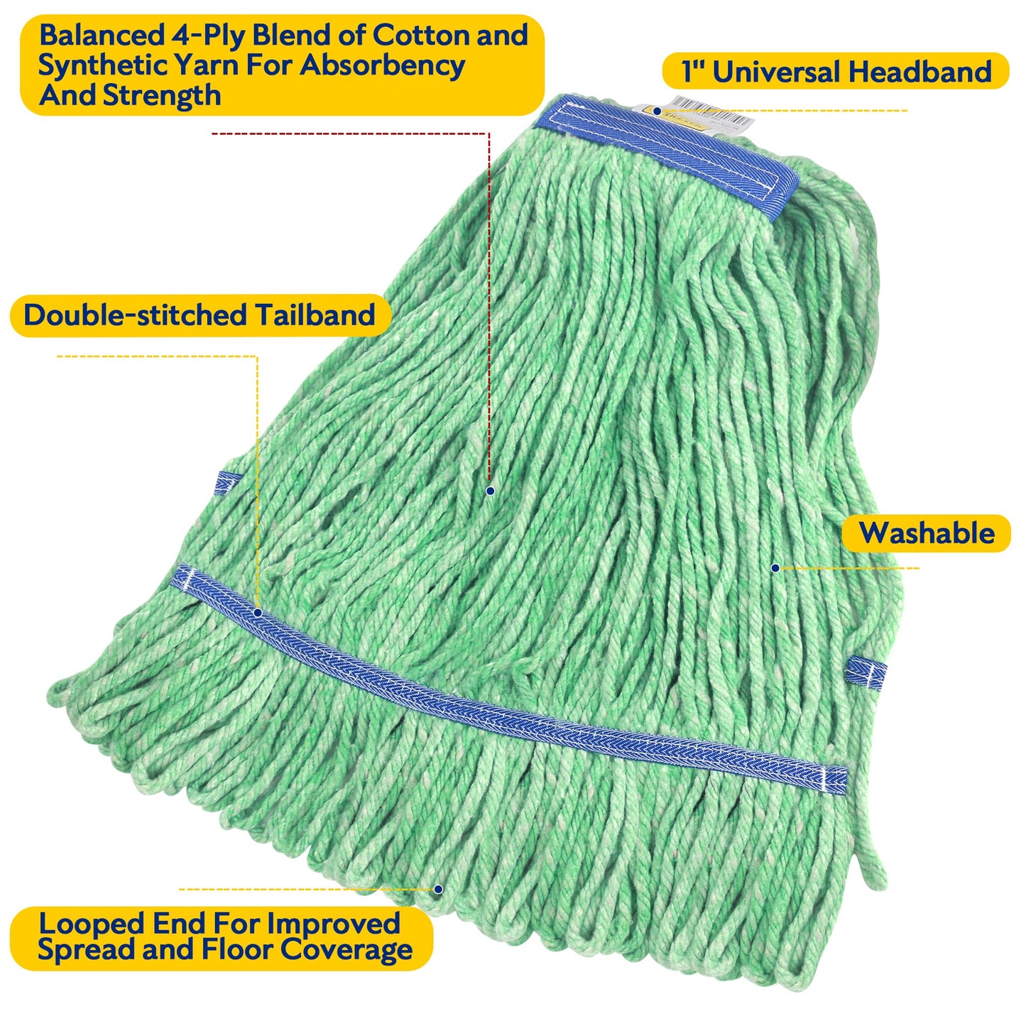 Matthew Cleaning Heavy Duty Mop Head Commercial Replacement For General And Floor Cleaning, Wet Industrial Blue Cotton Looped En
