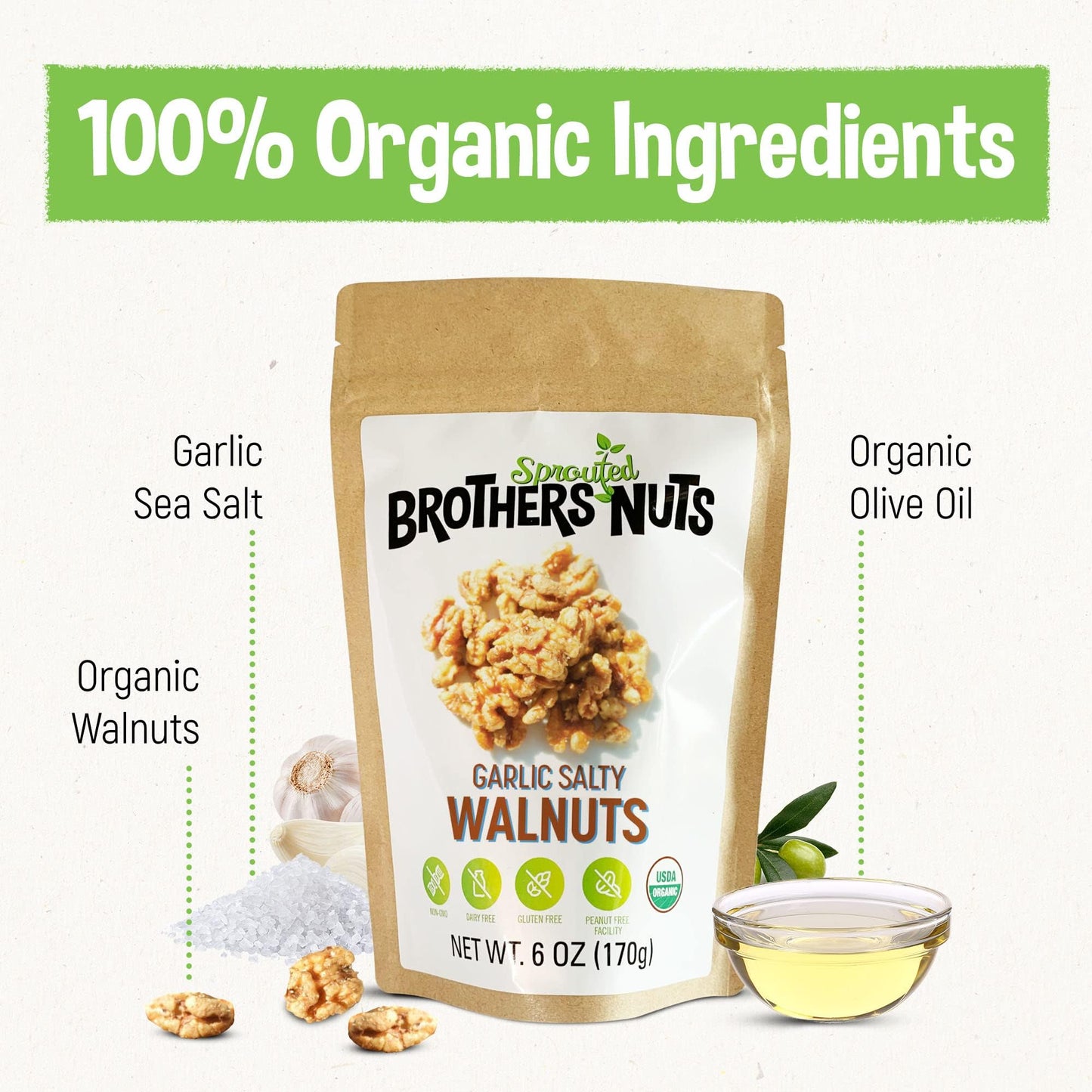 Brothers Sprouted Nuts Garlic Salty Walnuts - Organic Keto Snack - Vegan, Gluten-Free - 6 oz (Pack of 2)