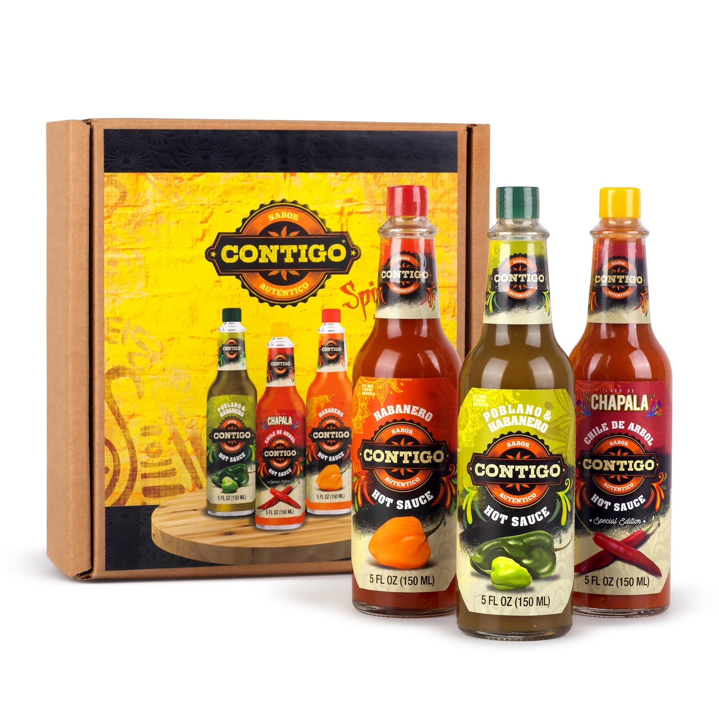 Contigo Autentico Hot Sauce Variety Pack - Mexican Hot Sauce Gift Box With Poblano Habanero  Red Habanero & Chile De Arbol - Artisan Small Batch Spicy Food Gift Set  3 Bottles  5 Fl Oz Each
