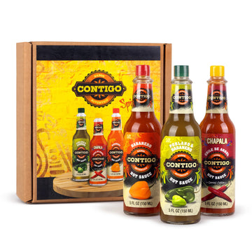 Contigo Autentico Hot Sauce Variety Pack - Mexican Hot Sauce Gift Box With Poblano Habanero  Red Habanero & Chile De Arbol - Artisan Small Batch Spicy Food Gift Set  3 Bottles  5 Fl Oz Each