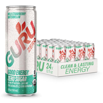 GURU Organic Energy Drink, Zero Sugar, Wild Strawberry Watermelon, 12 Fl Oz, Pack of 24, Vegan, Gluten Free, Plant-Based Caffeine