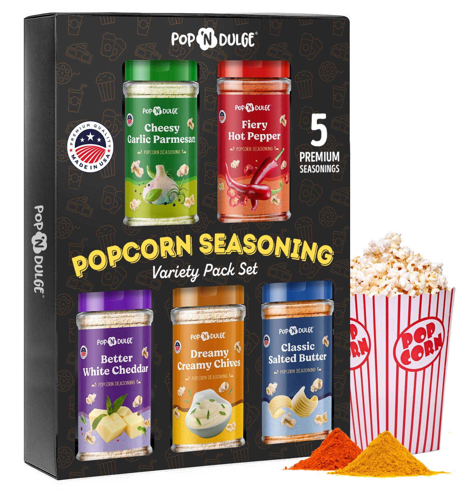 Popcorn Seasoning Popcorn Flavoring Variety Pack Gifts Set Of 5 Popcorn Salt 2.5 Oz Shakers, Non-Gmo Toppings, Movie Night Suppl