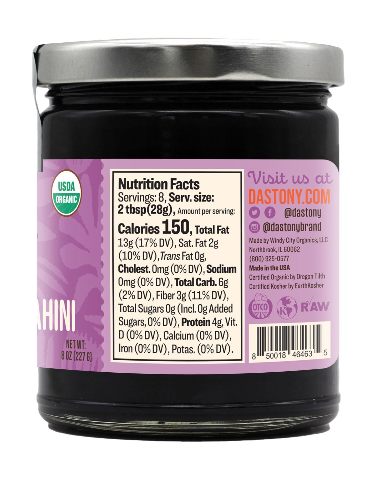 Dastony Organic Raw Black Sesame Butter, Vegan, Non-GMO, Gluten-Free, 8 oz, Pack of 2