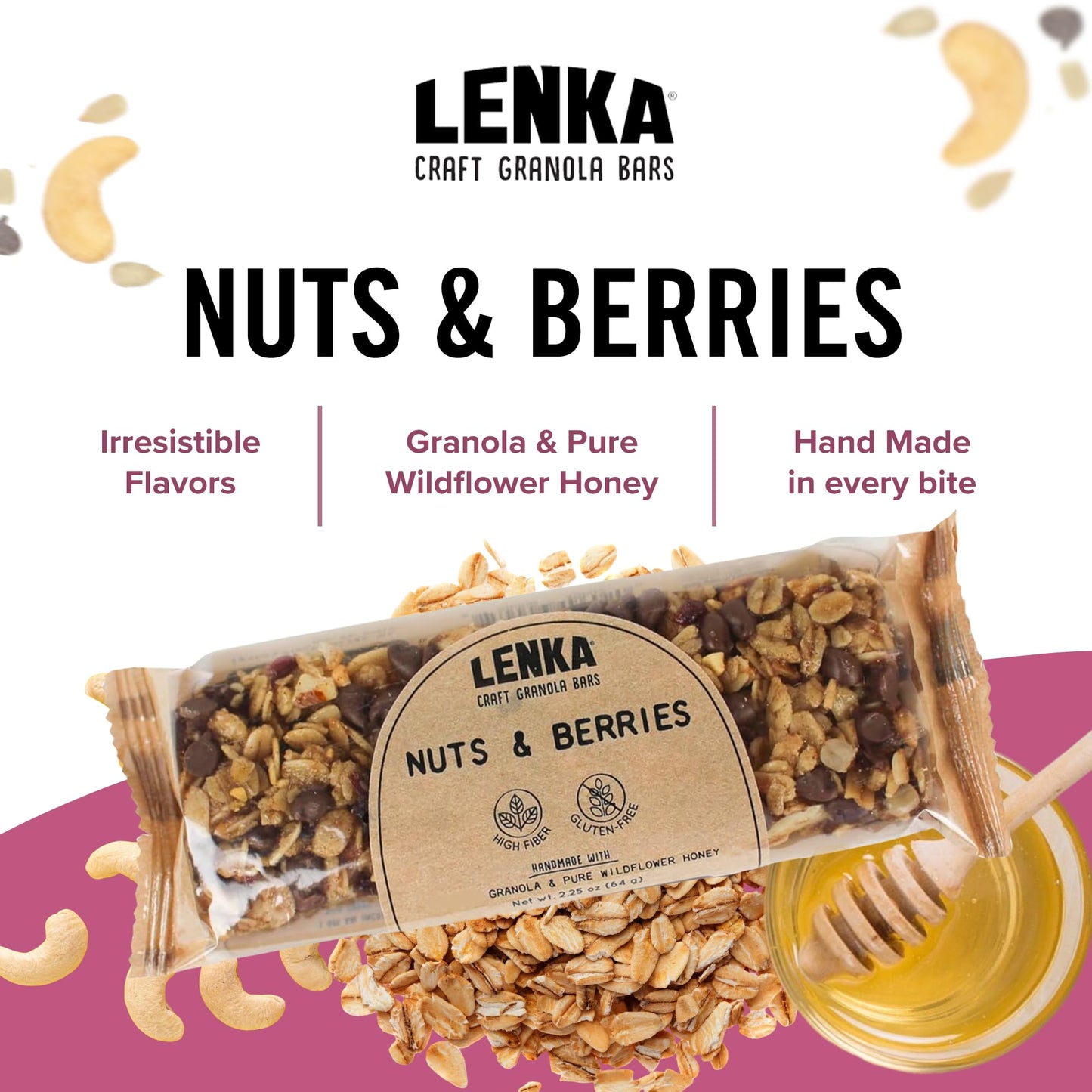 Lenka Handmade Craft Granola Bars - Nuts And Berries Gluten Free High Fiber - Nutritious Snack Bar With Almonds, Cashews & Peanu