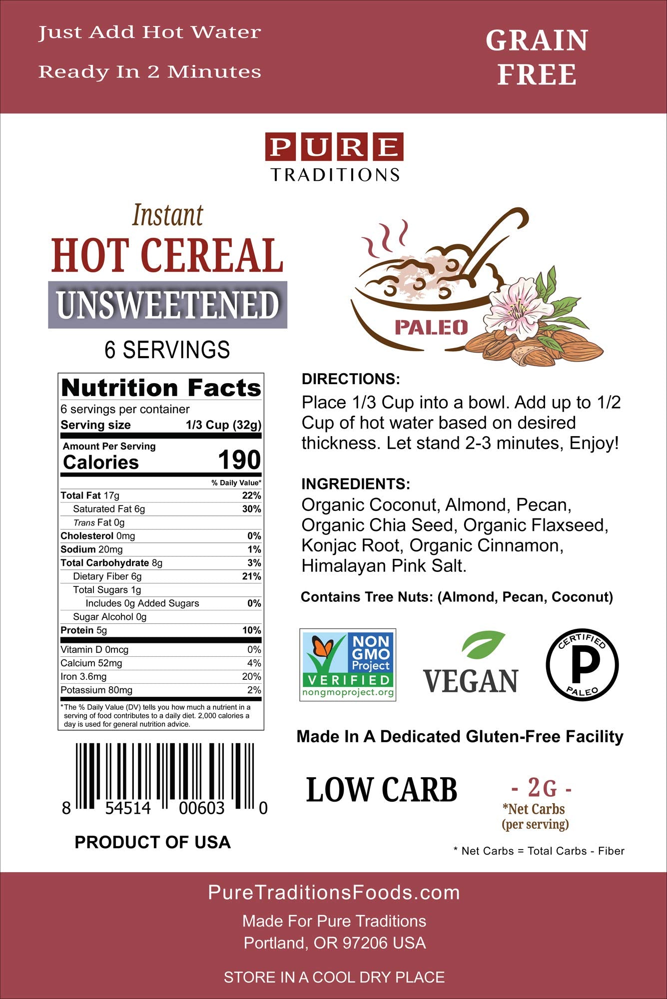 Keto Oatmeal, Unsweetened, Certified Paleo, Keto Certified, Gluten & Grain Free, 6.7 oz