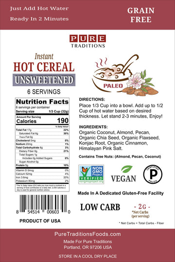 Keto Oatmeal, Unsweetened, Certified Paleo, Keto Certified, Gluten & Grain Free, 6.7 oz